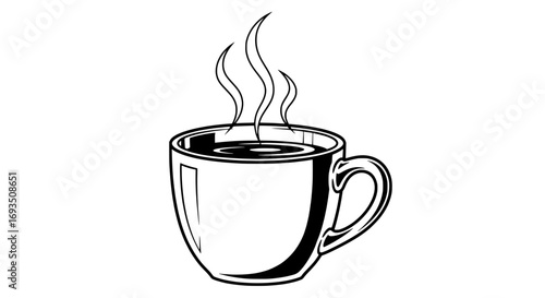 Steaming Cup of Coffee: A simple, elegant monochrome illustration of a cup of freshly brewed coffee. Gentle wisps of steam rise, hinting at warmth and a comforting moment.