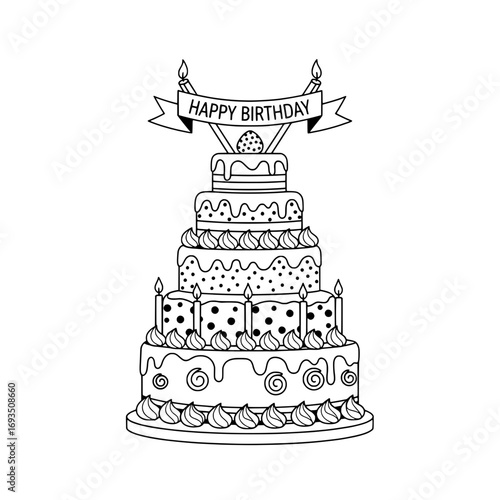 A Festive Layered Cake: An elegant black and white illustration of a multi-tiered cake. Featuring intricate detailing, it's topped with a Happy Birthday banner, perfect for celebrations.