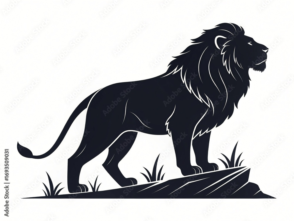 Obraz premium Majestic Black Silhouette of a Lion Standing on a Rock Wild African Animal Illustration