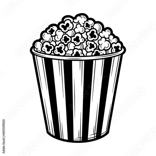 Cinema treat: A classic paper cup overflowing with fluffy popcorn, a simple yet appetizing illustration that captures the essence of movie nights and tasty snacks.