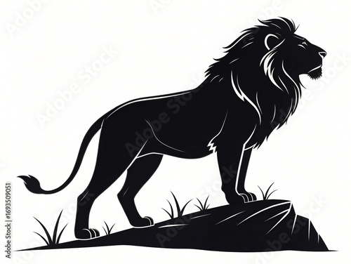Majestic Lion Silhouette on Rock African Wildlife Black and White Powerful Animal Image