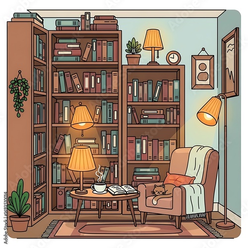 Cozy library nook featuring an armchair, books, plants, and calm atmosphere