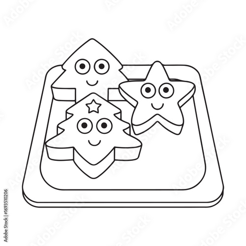 Three cute cartoon Christmas cookie cutters with faces on a tray Keywords: Christmas, cookie cutters, holiday, baking, festive, cute, cartoon, drawing, outline, black and white, shapes, trees