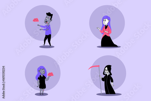 Halloween set of various playful characters engaged in fun celebration. Creatively themed outfits and props enhancing lively atmosphere of festival