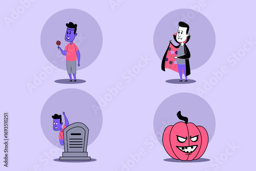 Four cartoon characters engaged in Halloween festivities. One holding candy, another wearing cape, one playfully interacting with tombstone, and menacing pumpkin