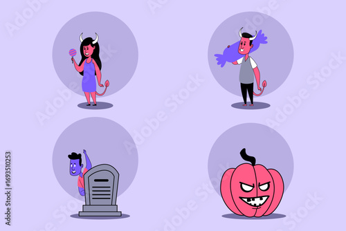 Vibrant collection of whimsical Halloween characters, showcasing devil holding candy, ghostly figure, spooky tombstone, and mischievous pumpkin, perfect for festive celebrations