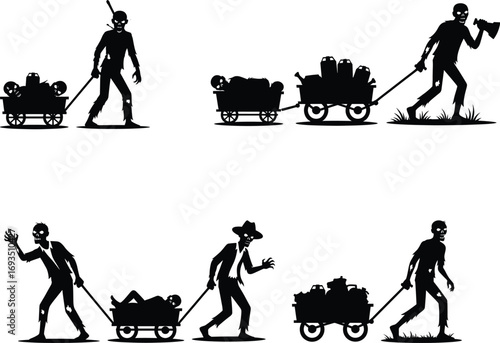 Silhouettes of zombies pulling carts with skeletons, horror concept, undead workers, Halloween illustration, spooky night, apocalyptic creepy monster art