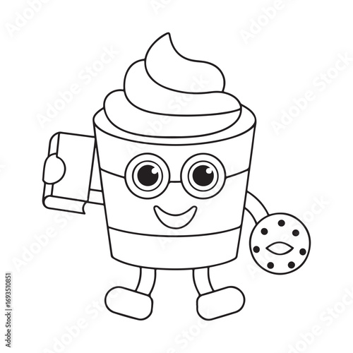 Cartoon coffee cup character holding a cookie and a phone on white background Keywords: coffee, cup, drink, beverage, cookie, food, treat, dessert, phone, mobile, technology, communication
