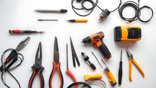Top-down view of organized electrical tools on white background