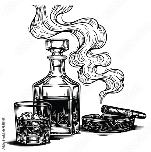 Vintage hand-drawn illustration of a whiskey decanter, glass with ice, and a smoking cigar in an ashtray, in a classic monochrome style.