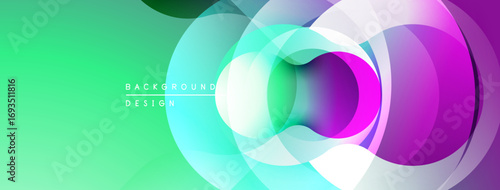 Abstract colorful circles overlap, creating dynamic visual effect. Gradient transitions blend turquoise, purple, green hues. Modern design element.