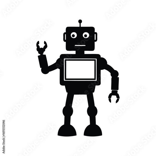 A minimalist black and white silhouette of a cheerful and helpful robot, robot with touchscreen display silhouette vector illustration