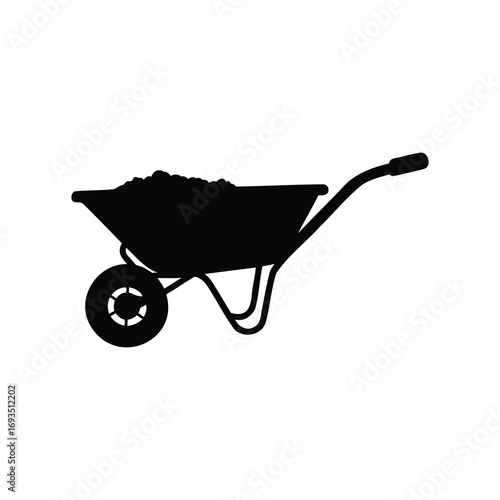 A sturdy black wheelbarrow is ready to haul heavy loads of materials, seed spreader silhouette vector illustration
