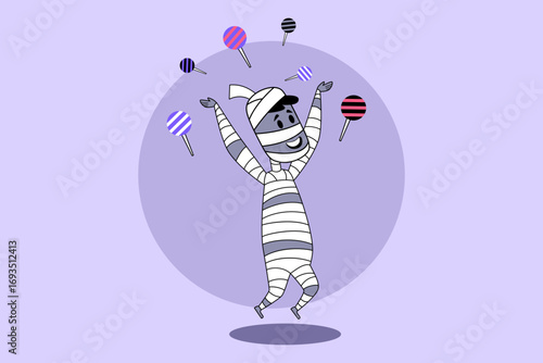 Cheerful mummy, wrapped in bandages, joyfully jumping in playful atmosphere during Halloween celebration, surrounded by colorful lollipops