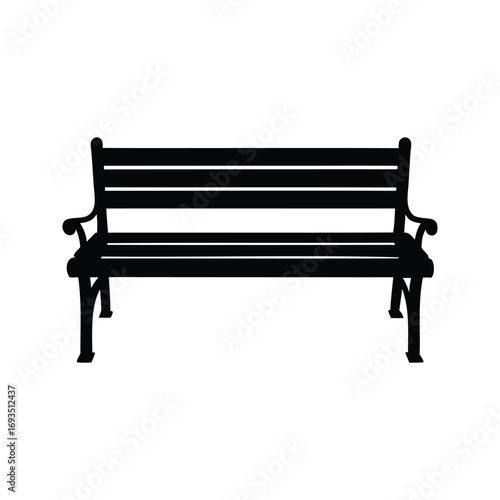 Black and white silhouette of a public bench on a white backdrop, street bench silhouette vector illustration