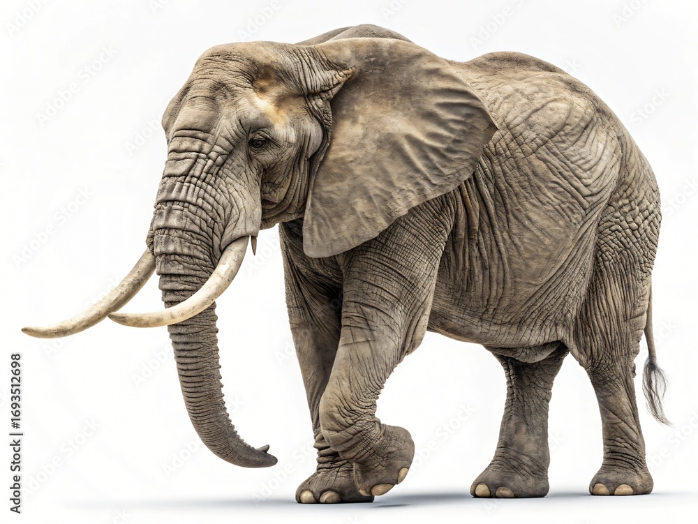 Fototapeta premium Majestic African Elephant Walking Large Tusks Wildlife Photography Isolated on White Background