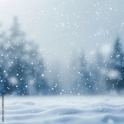 Snow falling on a winter landscape with trees in background  