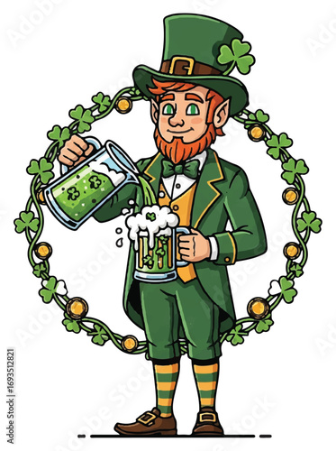 Leprechaun pouring a drink from a large glass mug into a smaller beer mug, surrounded by a wreath of clover leaves and gold coins.