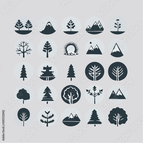 Veterans Day Tribute: Flat lay collection of minimalist tree and mountain icons in dark teal, conveying a respectful and solemn mood against a light grey background.