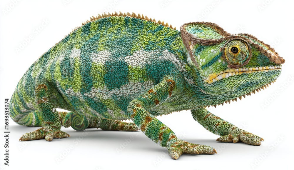 Obraz premium Pixelated Green Chameleon on White Background