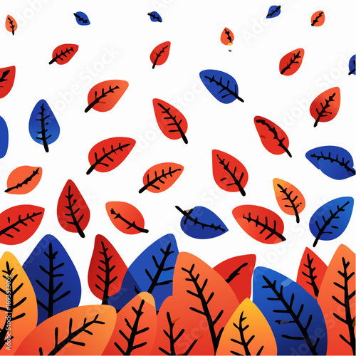 Flat lay of colorful autumn leaves falling against a white background, in a vibrant, autumnal mood.