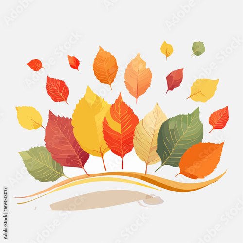 Autumn leaves illustration with warm colors, flat design, against a light gray background, showcasing various leaf shapes and sizes in a dynamic arrangement.