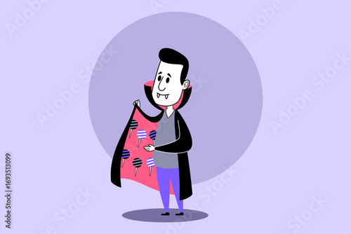 Young boy dressed as vampire in colorful cape adorned with candy motifs during lively Halloween celebration in cheerful setting