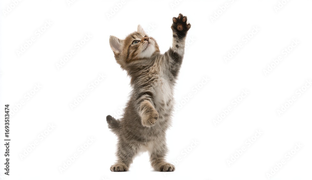 Fototapeta premium Playful Tabby Kitten Reaching Up on White Background