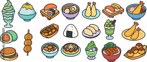 A vibrant collection of various traditional and popular Japanese food dishes and desserts in a cute cartoon style.