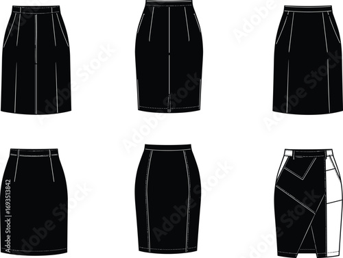 Fashionable black pencil skirt vector set, modern skirt design templates, flat sketch illustrations, stylish women clothing patterns, apparel fashion technical drawings