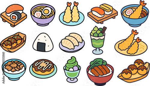 Collection of various Japanese food illustrations, including sushi, ramen, tempura, and more.