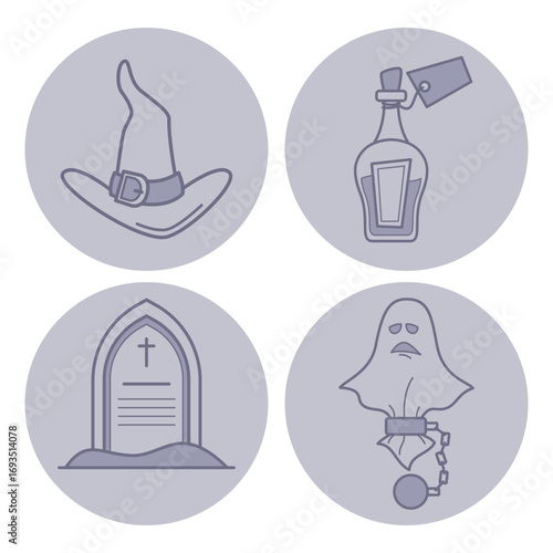Halloween set of witchs hat, potion bottle, gravestone, and ghost figure, perfect for celebrating spooky festival. Ideal for party decorations and themed events