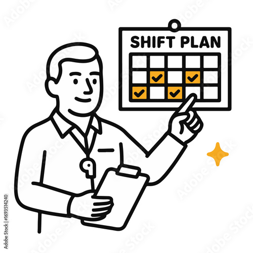 Flat vector illustration of manager with clipboard pointing at shift plan calendar. Black line outline style. Isolated planning, schedule and workforce management concept