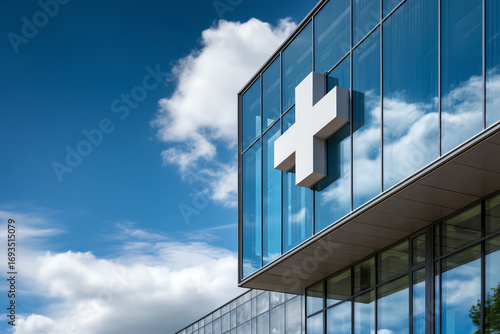 Wallpaper Mural Modern glass hospital building with a large white medical cross symbol, reflecting the blue sky and clouds on its facade Torontodigital.ca
