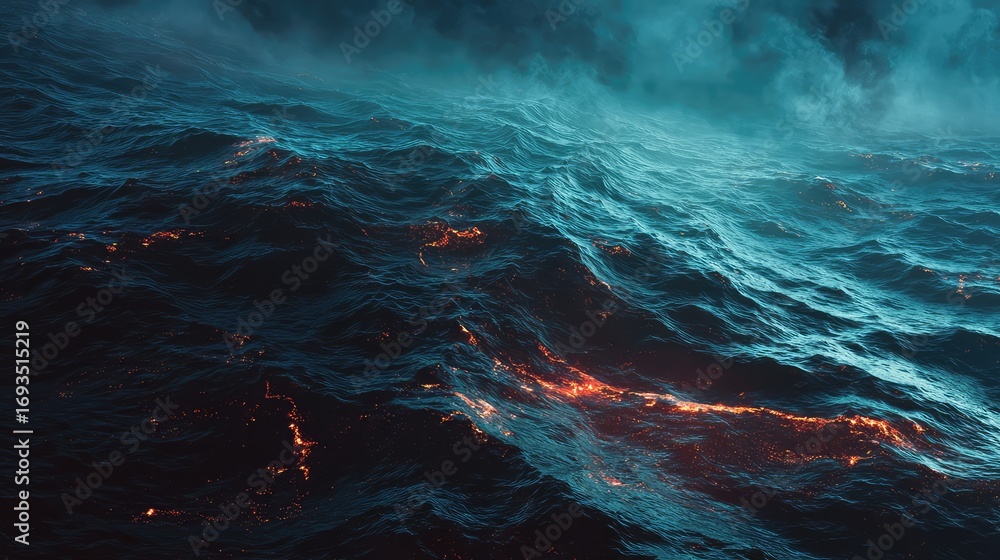 Fototapeta premium Deep blue ocean waves with glowing cracks beneath the surface, hinting at volcanic activity.