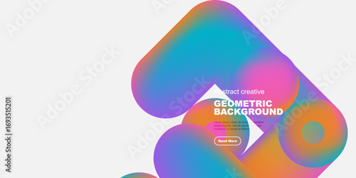 Abstract shapes blend vibrant colors. Modern design features text, button, white space, black background. Minimalist aesthetic.