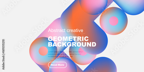 Abstract geometric shapes, vibrant colors, modern design. Text overlay promotes content, button invites interaction. Clean aesthetic.