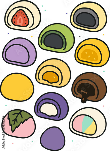 A colorful assortment of Japanese mochi desserts with various fillings, depicted in a cute cartoon illustration style.