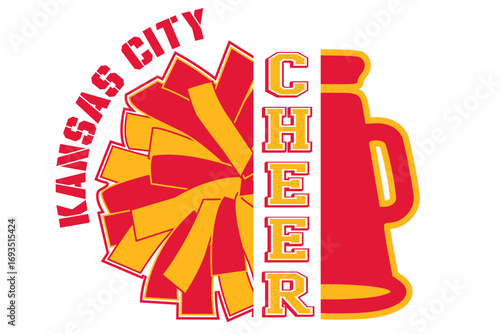 KANSAS CITY Cheerleading Megaphone and Pom-pom and the word CHEER. Football Cheerleading Illustration.