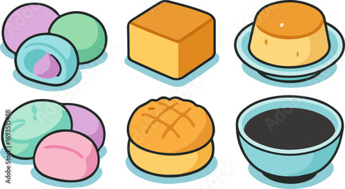 Assortment of colorful desserts including mochi, cake, pudding, and melon pan.