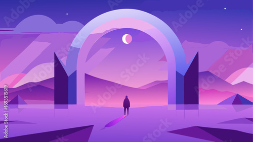 Person walking toward arch in purple land