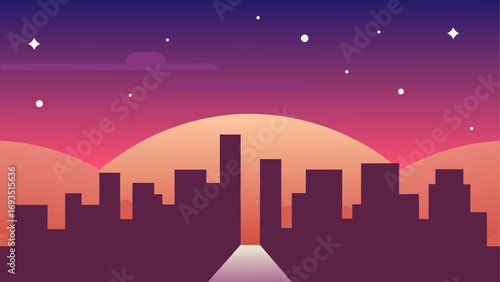 City silhouette at sunset with stars sky