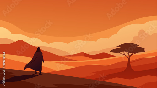 Silhouette figure in desert landscape art