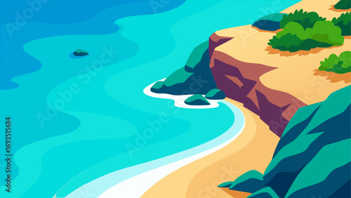 A cartoon beach with cliffs and turquoise sea