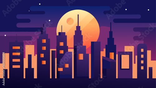 Cityscape silhouette with a full moon glow