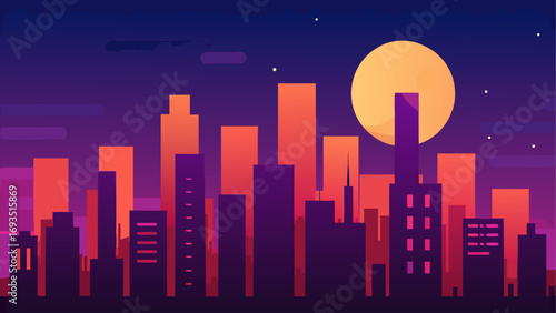 Cityscape silhouette with a full moon view