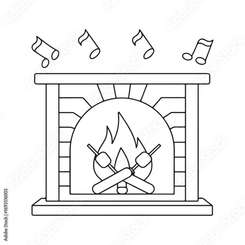 Line Drawing of a Fireplace with Roasting Marshmallows and Musical Notes Keywords: fireplace, fire, roasting, marshmallows, camping, outdoors, cozy, warm, hearth, music, notes, melody, song