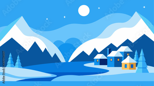 Winter landscape with mountains and houses