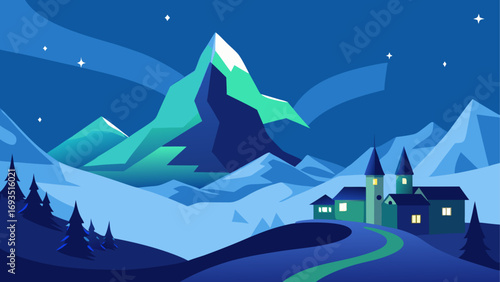 Mountain landscape with village at night