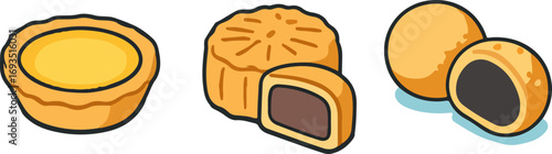 An illustration showcasing three different types of pastries, including an egg tart, mooncake, and a round pastry.